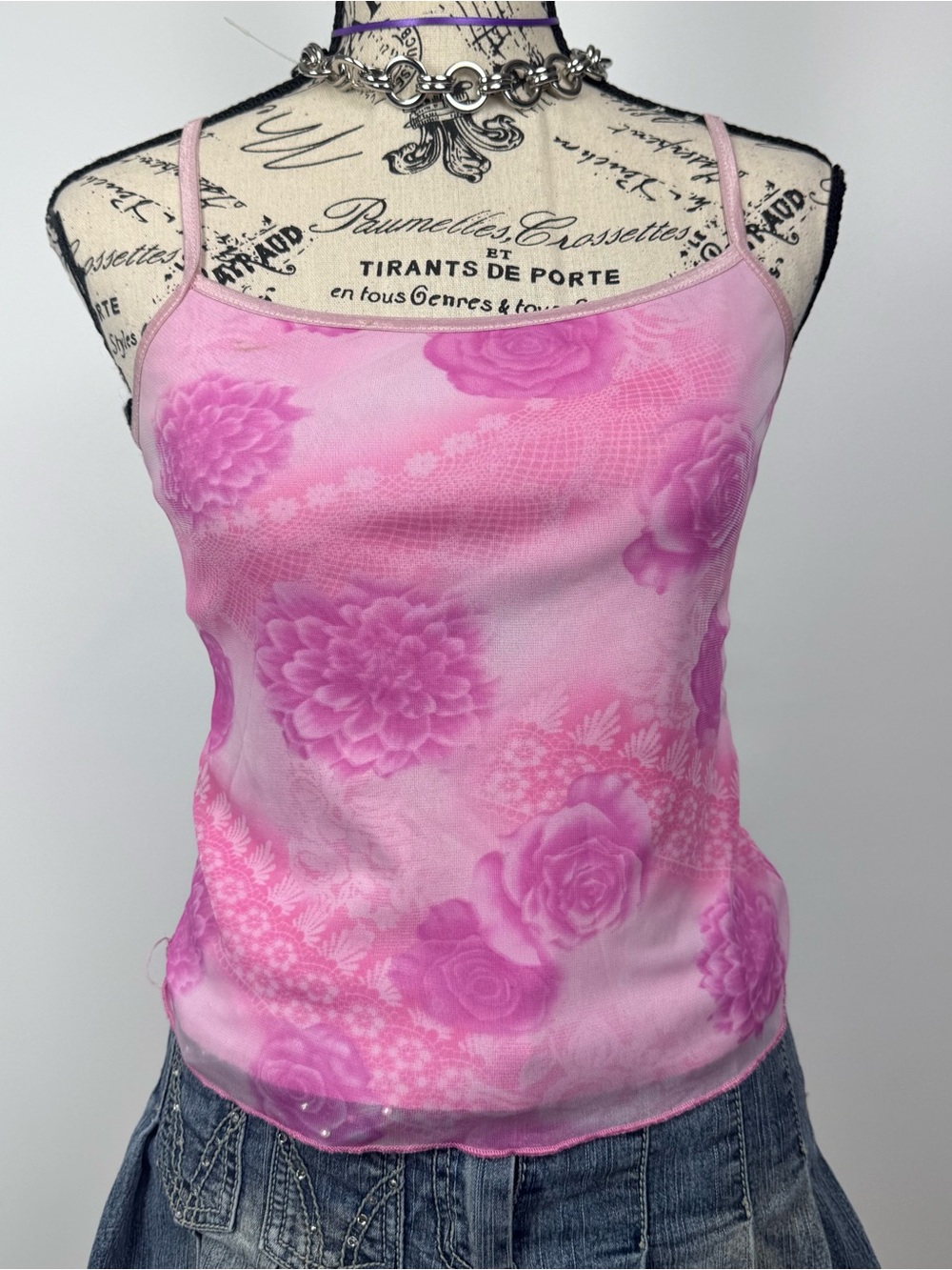 Y2K pink sheer floral tank